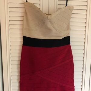 Bebe strapless red/black/gold bandage dress
